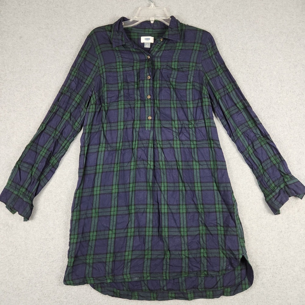 Old Navy Shirt Dress Womens M Navy Green Plaid Rayon Long Sleeve Tunic Relaxed
